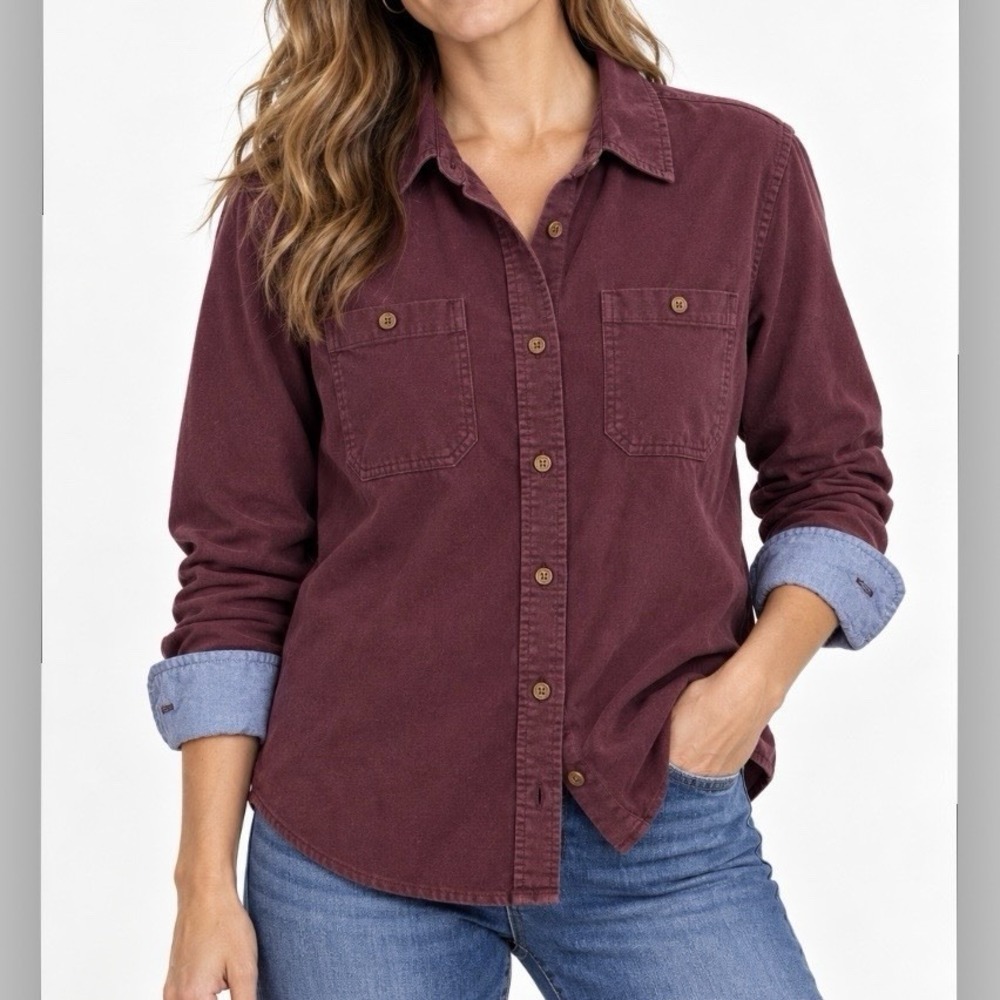 LL Bean Burgundy Cotton Flannel Chamois Button Shirt Pockets Casual LARGE